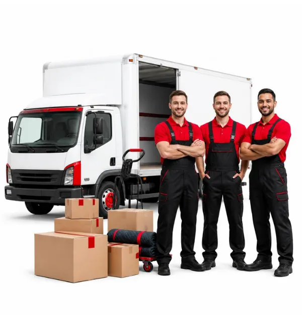 Moving crew standing beside a box truck with packed boxes