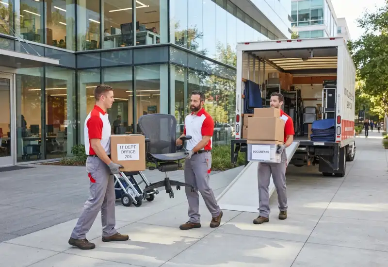 Movers carrying boxes outside an office building