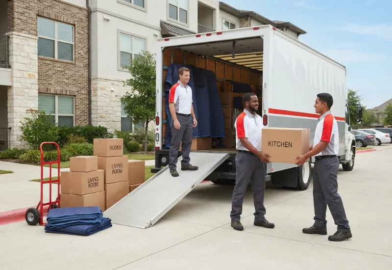 Moving crew loading boxes into a truck outside an apartment building