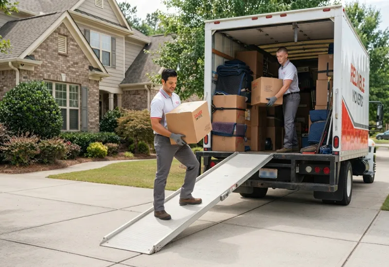 Movers unloading boxes from a moving truck outside a suburban home