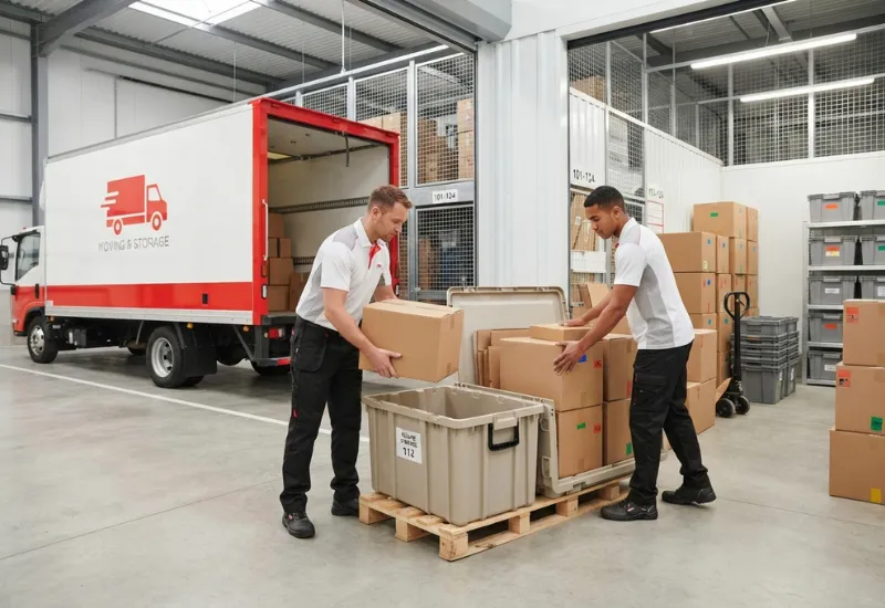 Movers organizing packed boxes in a storage warehouse