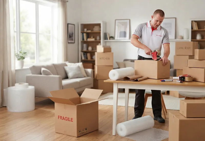 Man packing and taping cardboard boxes in a living room