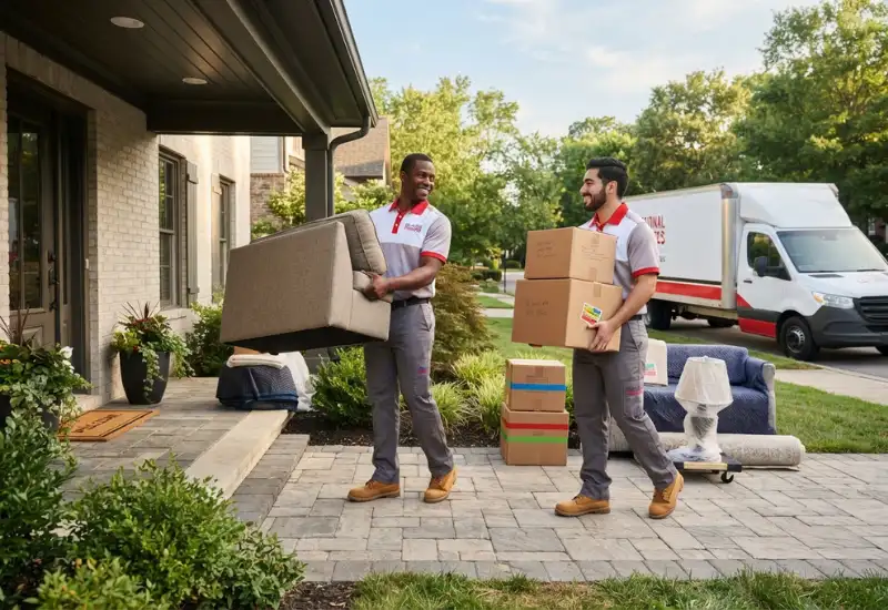 Two movers carrying furniture and boxes outside a home
